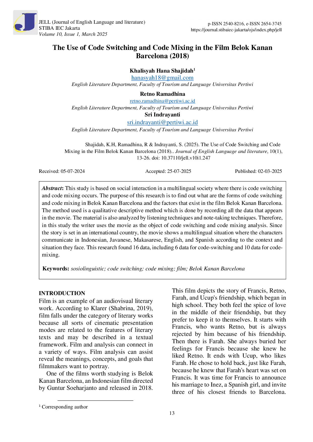 JURIS The Use of Code Switching and Code Mixing in the Film Belok Kanan Barcelona 2018