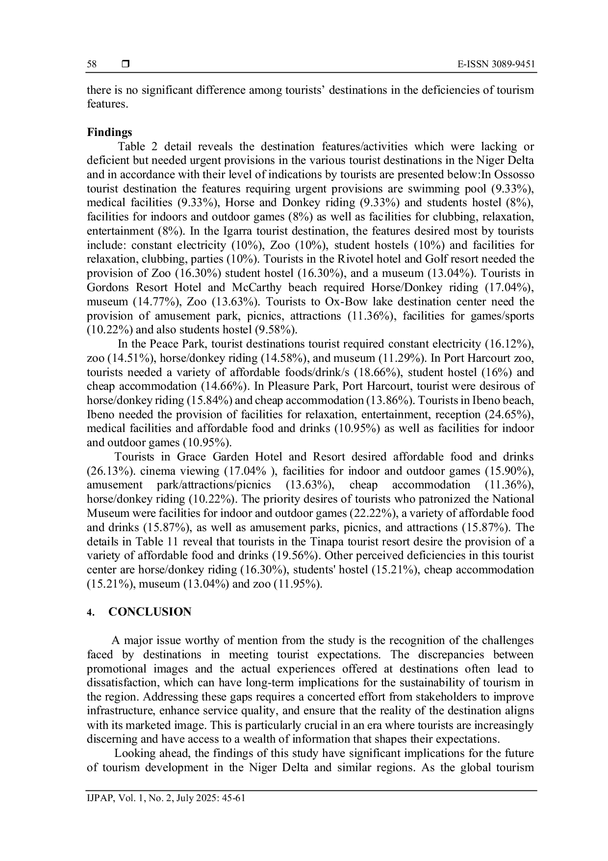 JURIS Assessment of Tourism Features Deficiencies and Tourist Demand of Destinations in the Niger Delta Nigeria