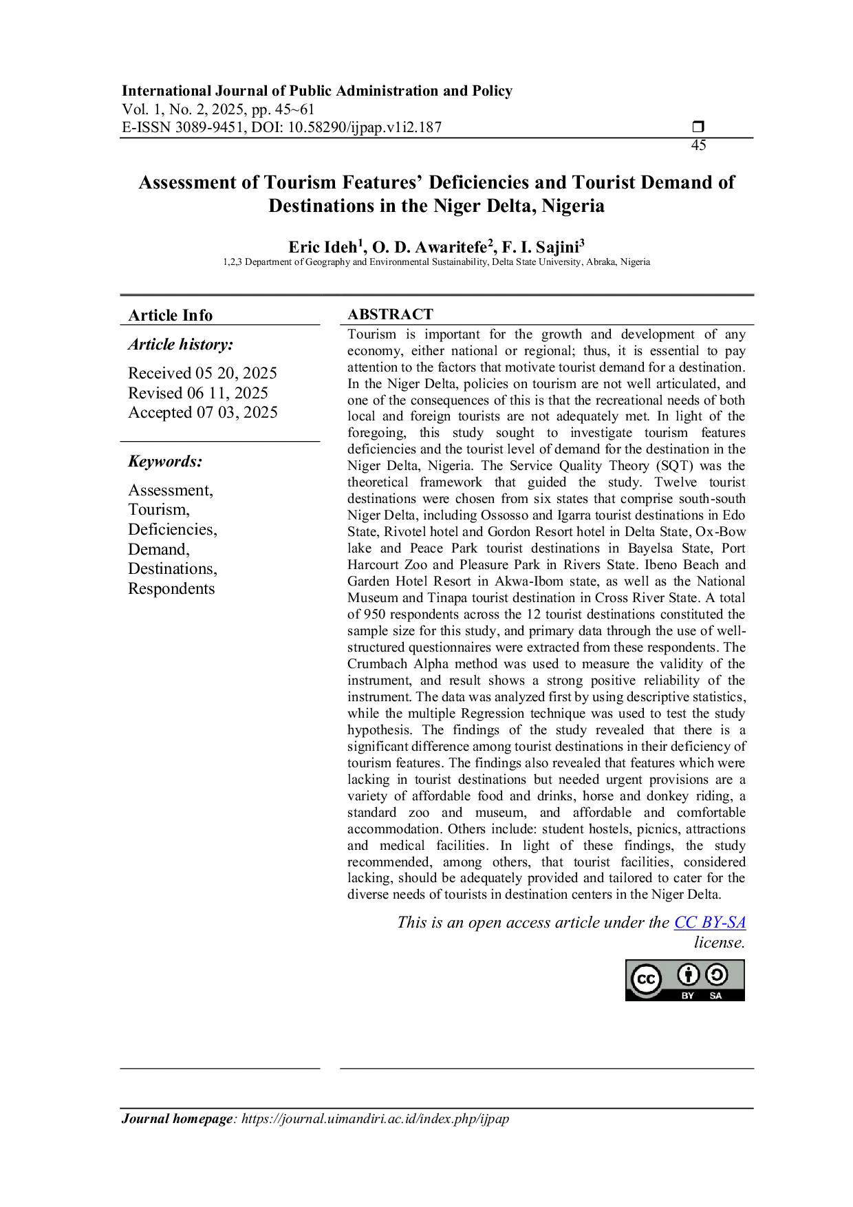 JURIS Assessment of Tourism Features Deficiencies and Tourist Demand of Destinations in the Niger Delta Nigeria