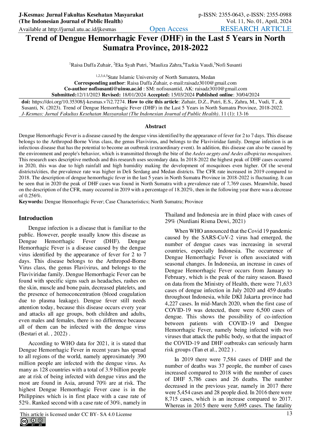 JURIS Trend of Dengue Hemorrhagic Fever DHF in the Last 5 Years in North Sumatra Province 2018 2022