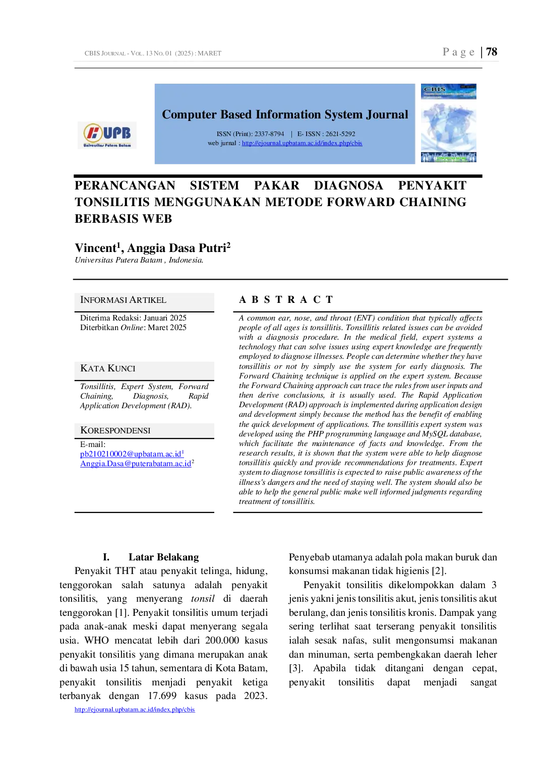 JURIS Design of Expert System for Diagnosing Tonsillitis Using Forward Chaining Based on Web