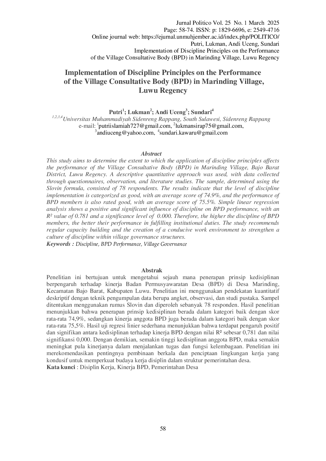 JURIS Implementation of Discipline Principles on the Performance of the Village Consultative Body BPD in Marinding Village Luwu Regency