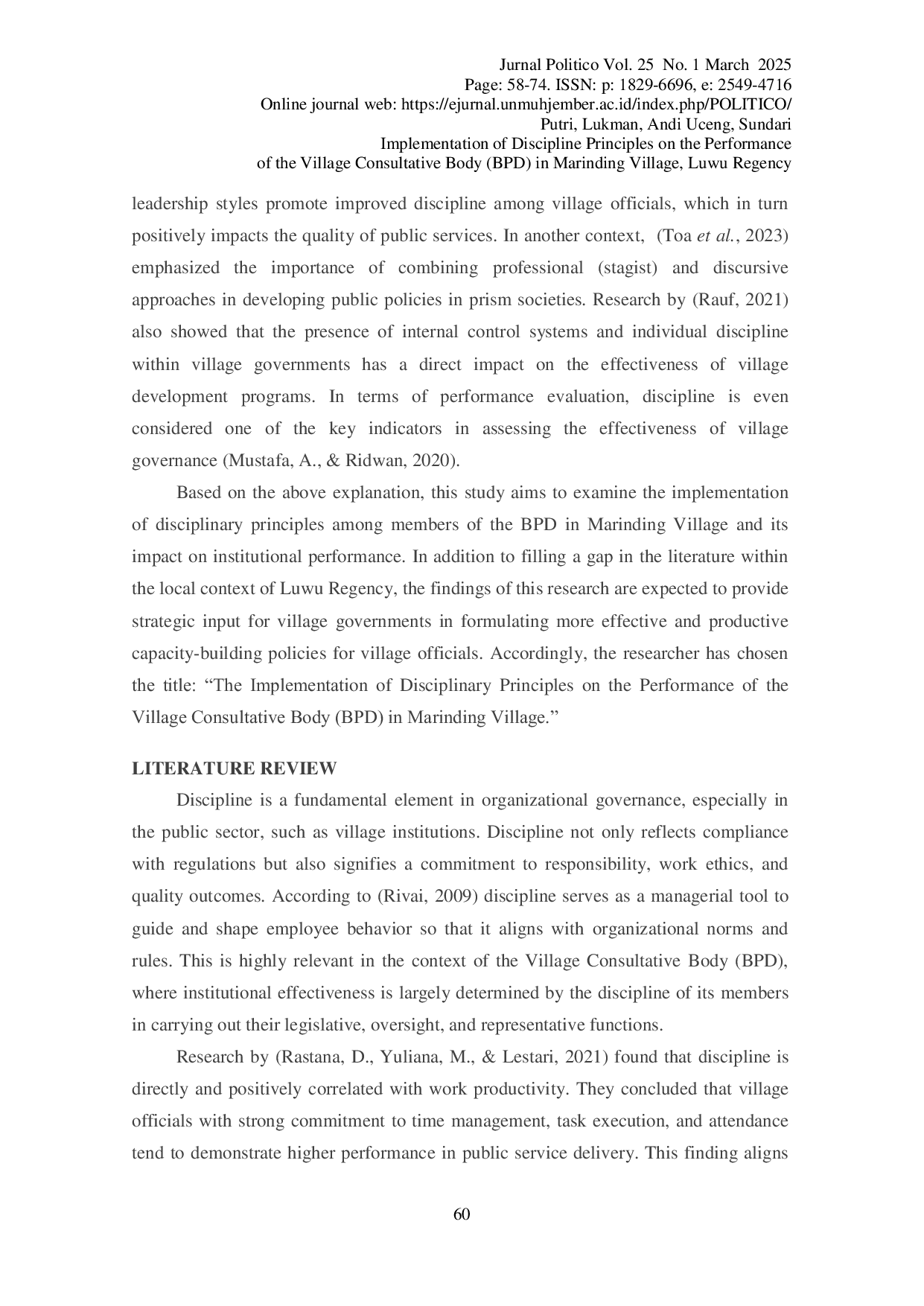 JURIS Implementation of Discipline Principles on the Performance of the Village Consultative Body BPD in Marinding Village Luwu Regency