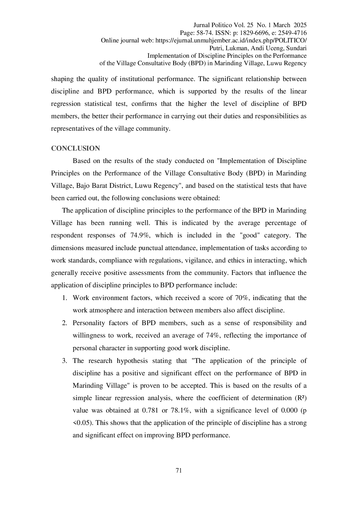 JURIS Implementation of Discipline Principles on the Performance of the Village Consultative Body BPD in Marinding Village Luwu Regency