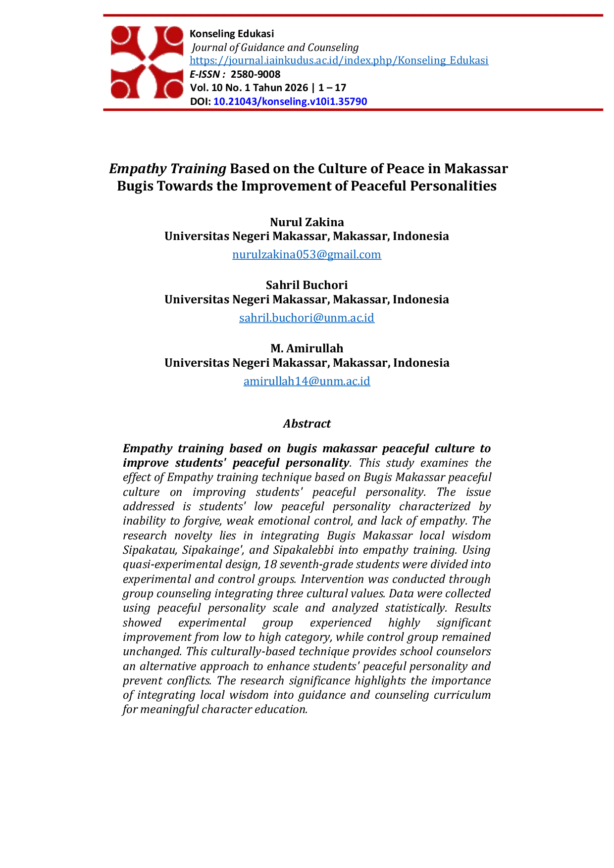 JURIS Empathy Training Based on the Culture of Peace in Makassar Bugis Towards the Improvement of Peaceful Personalities