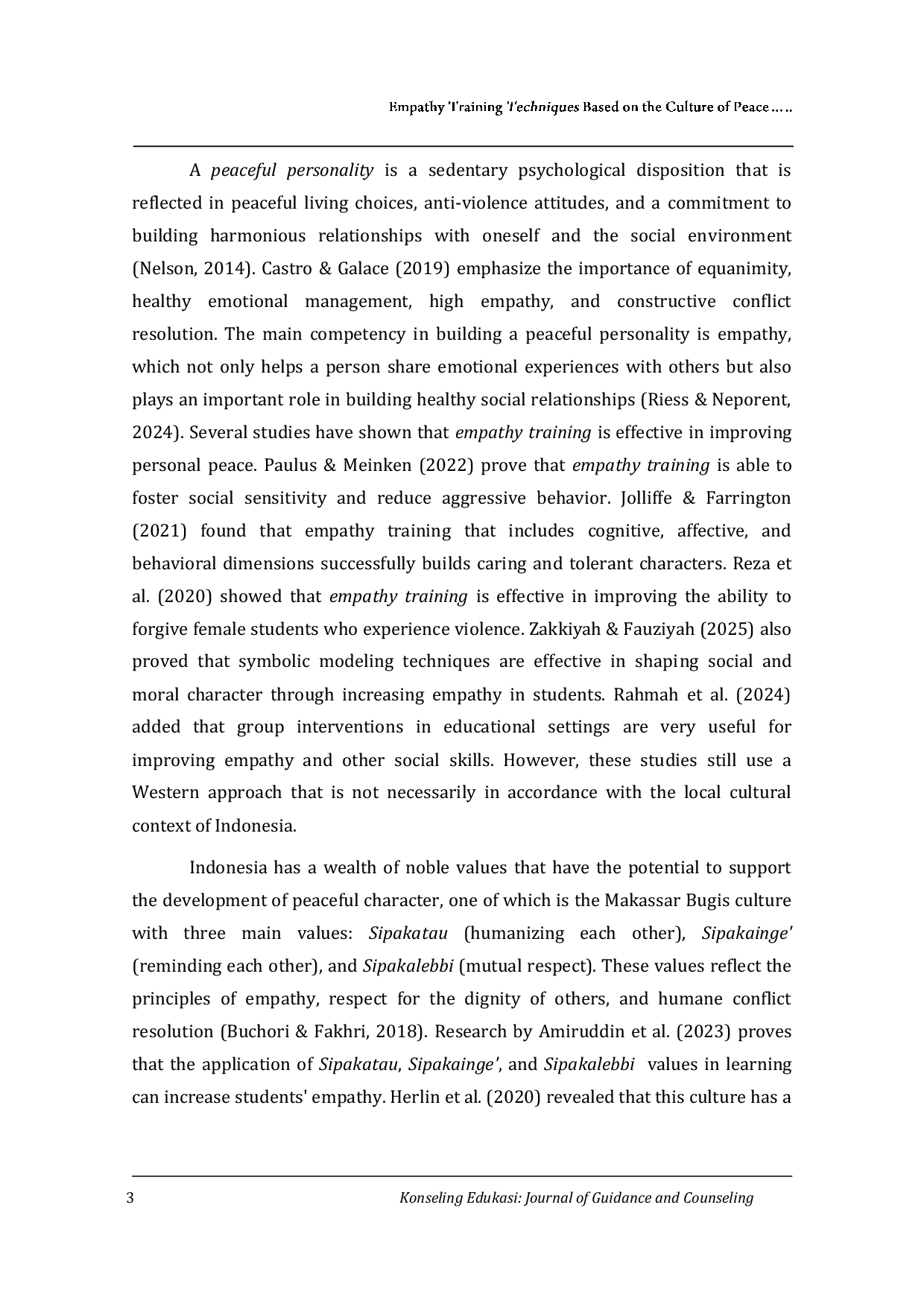 JURIS Empathy Training Based on the Culture of Peace in Makassar Bugis Towards the Improvement of Peaceful Personalities