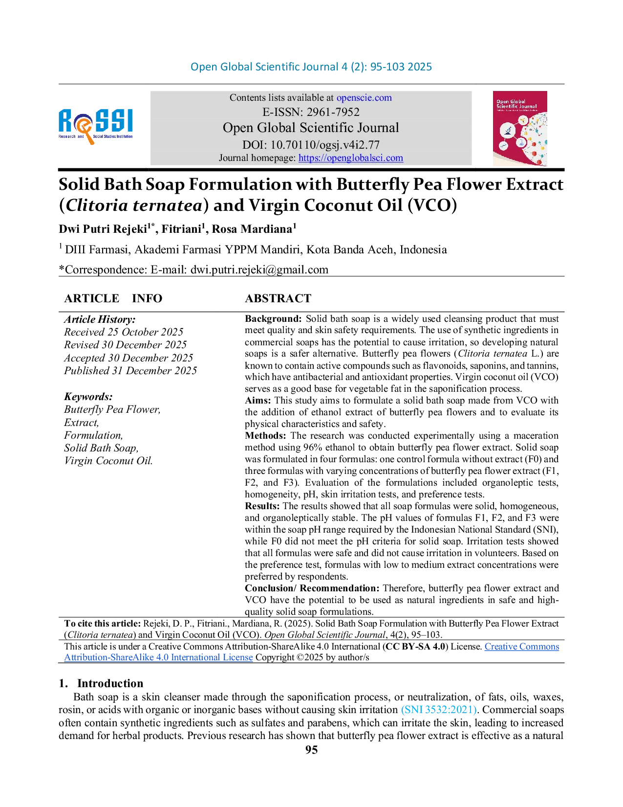 JURIS Solid Bath Soap Formulation with Butterfly Pea Flower Extract Clitoria ternatea and Virgin Coconut Oil VCO