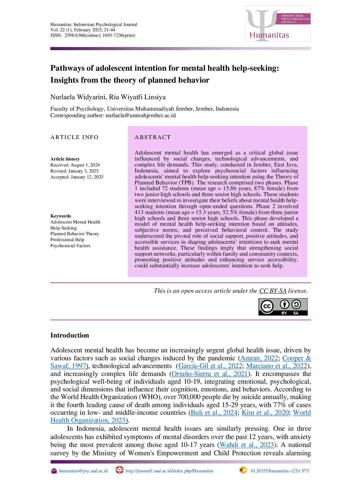 JURIS Pathways of adolescent intention for mental health help seeking Insights from the theory of planned behavior