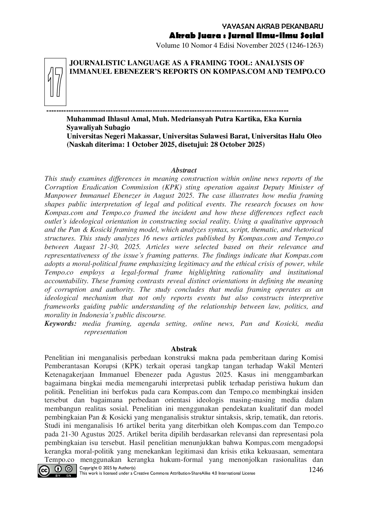 JURIS Journalistic Language As A Framing Tool Analysis Of Immanuel Ebenezer S Reports On Kompas Com And Tempo Co