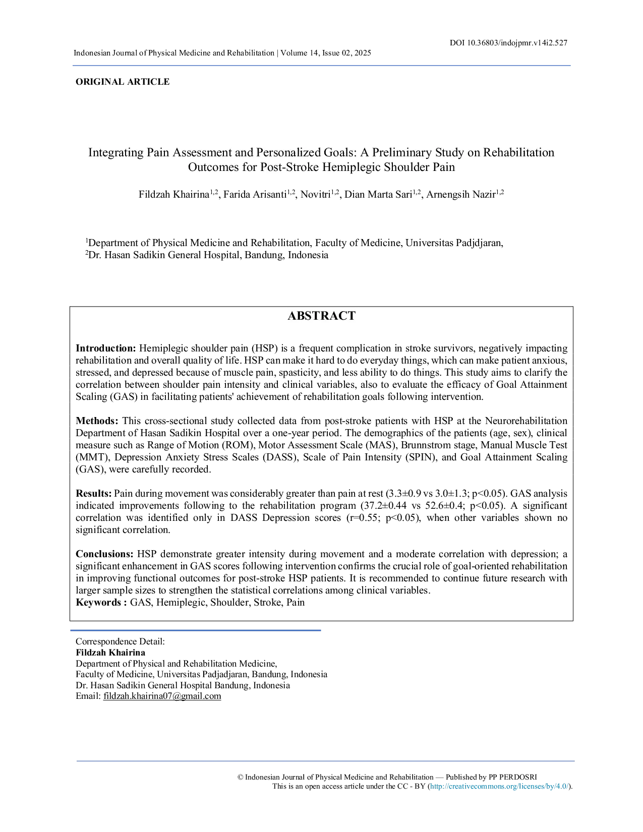 JURIS Integrating Pain Assessment and Personalized Goals A Preliminary Study on Rehabilitation Outcomes for Post Stroke Hemiplegic Shoulder Pain