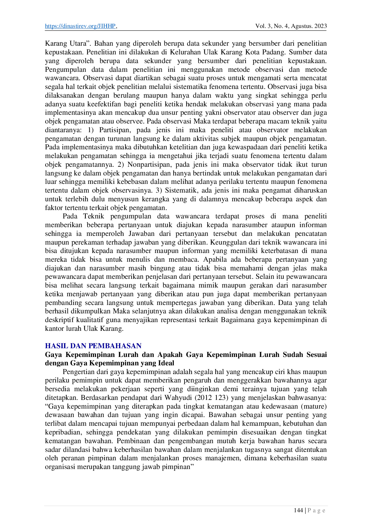 JURIS Implementasi Gaya Kepemimpinan di Kantor Lurah Ulak Karang Utara