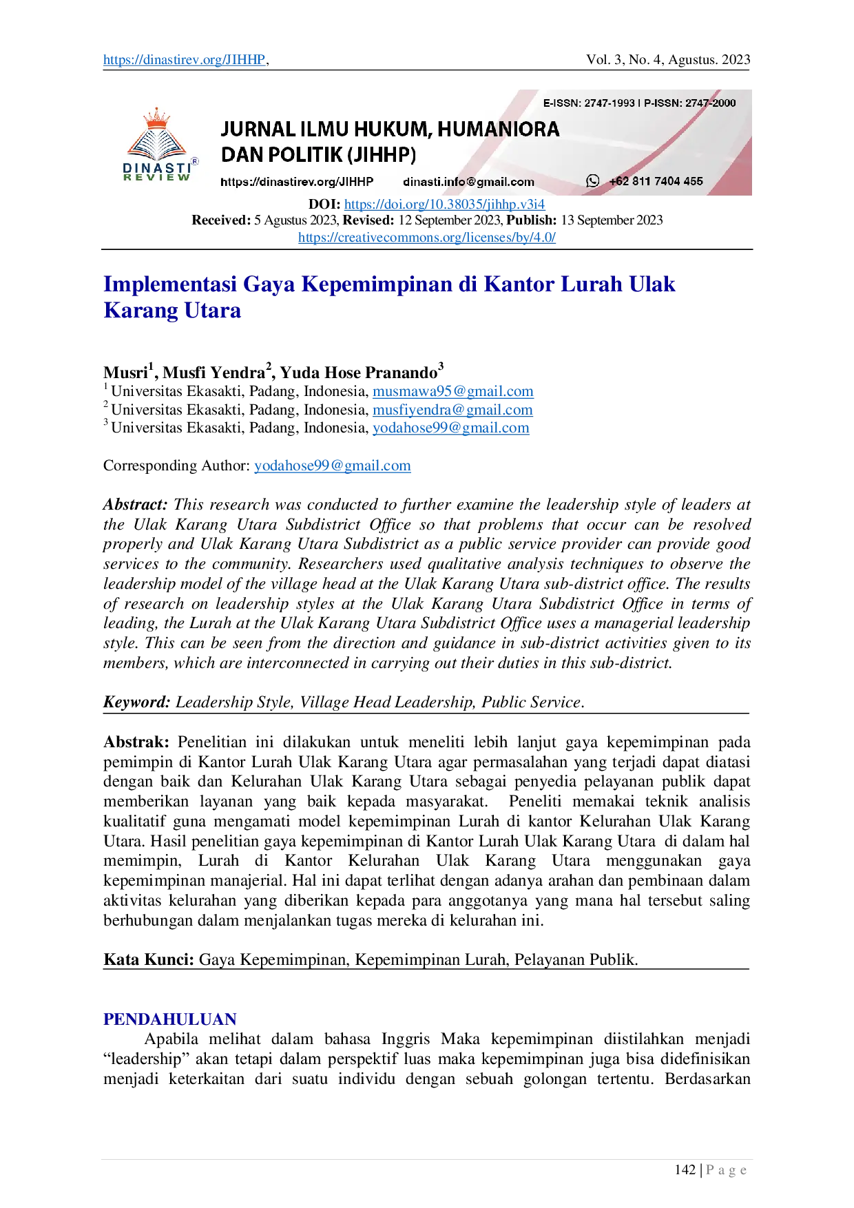 JURIS Implementasi Gaya Kepemimpinan di Kantor Lurah Ulak Karang Utara
