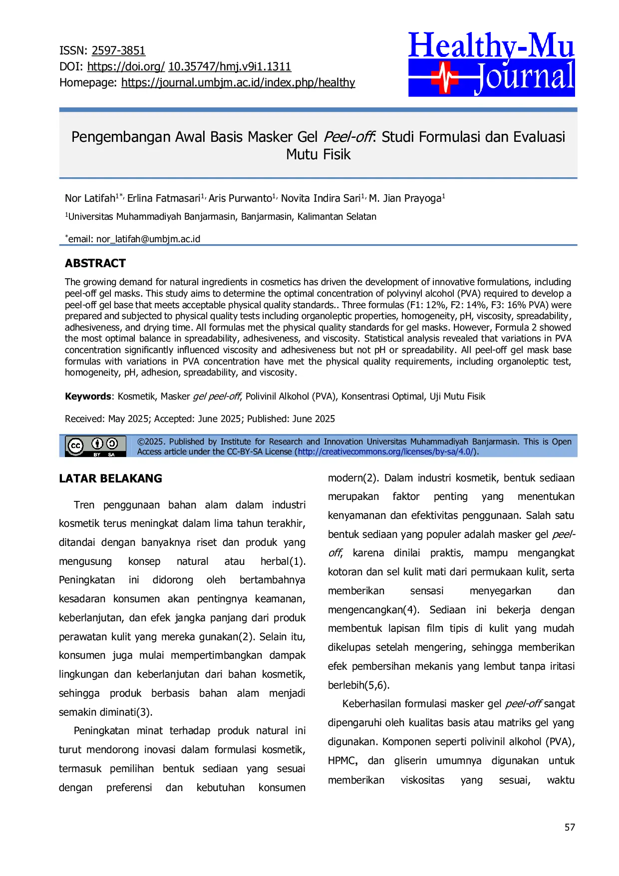 JURIS Pengembangan Awal Basis Masker Gel Peel off Studi Formulasi dan Evaluasi Mutu Fisik