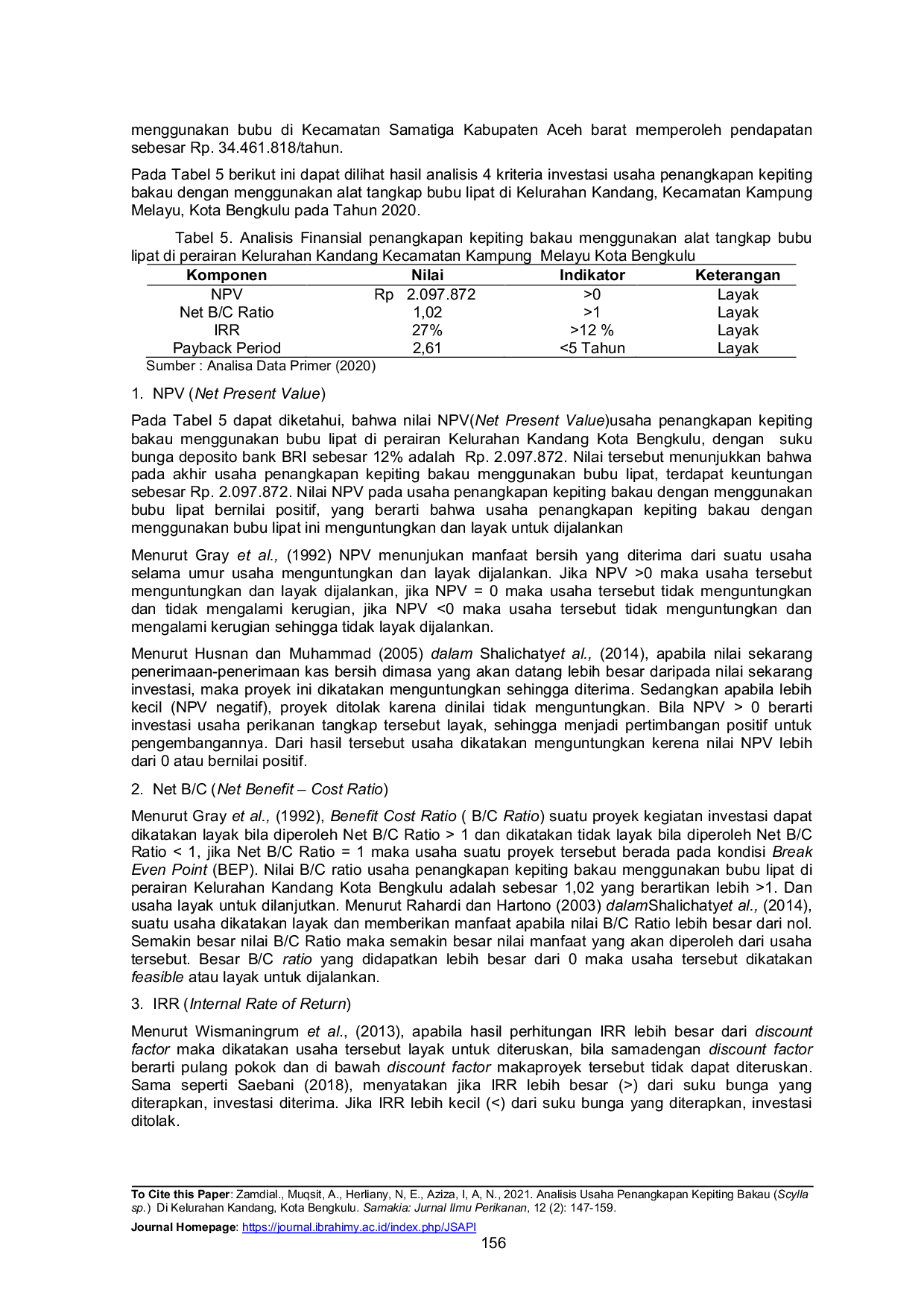 JURIS Analisis Usaha Penangkapan Kepiting Bakau Scylla sp Di Kelurahan Kandang Kota Bengkulu