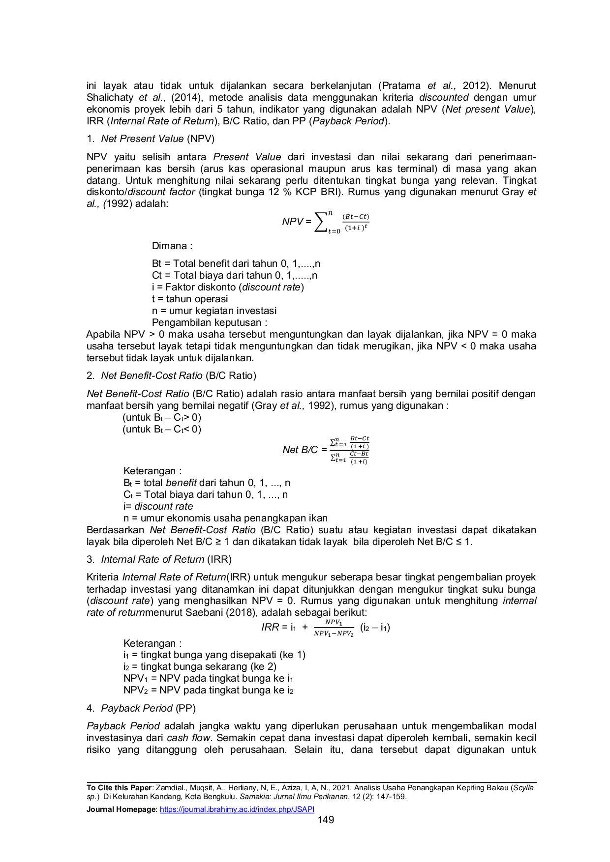 JURIS Analisis Usaha Penangkapan Kepiting Bakau Scylla sp Di Kelurahan Kandang Kota Bengkulu