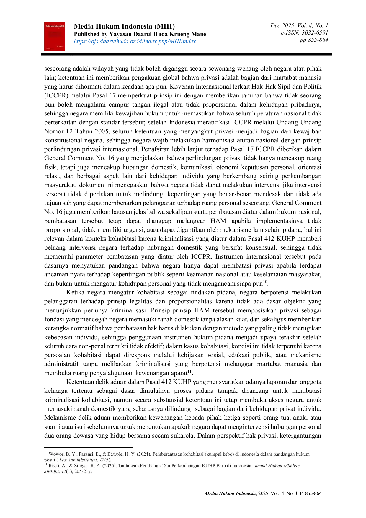JURIS Perlindungan Hukum Kohabitasi Hak Atas Privasi Terhadap Pengaturan Pidana Berdasarkan Perspektif HAM