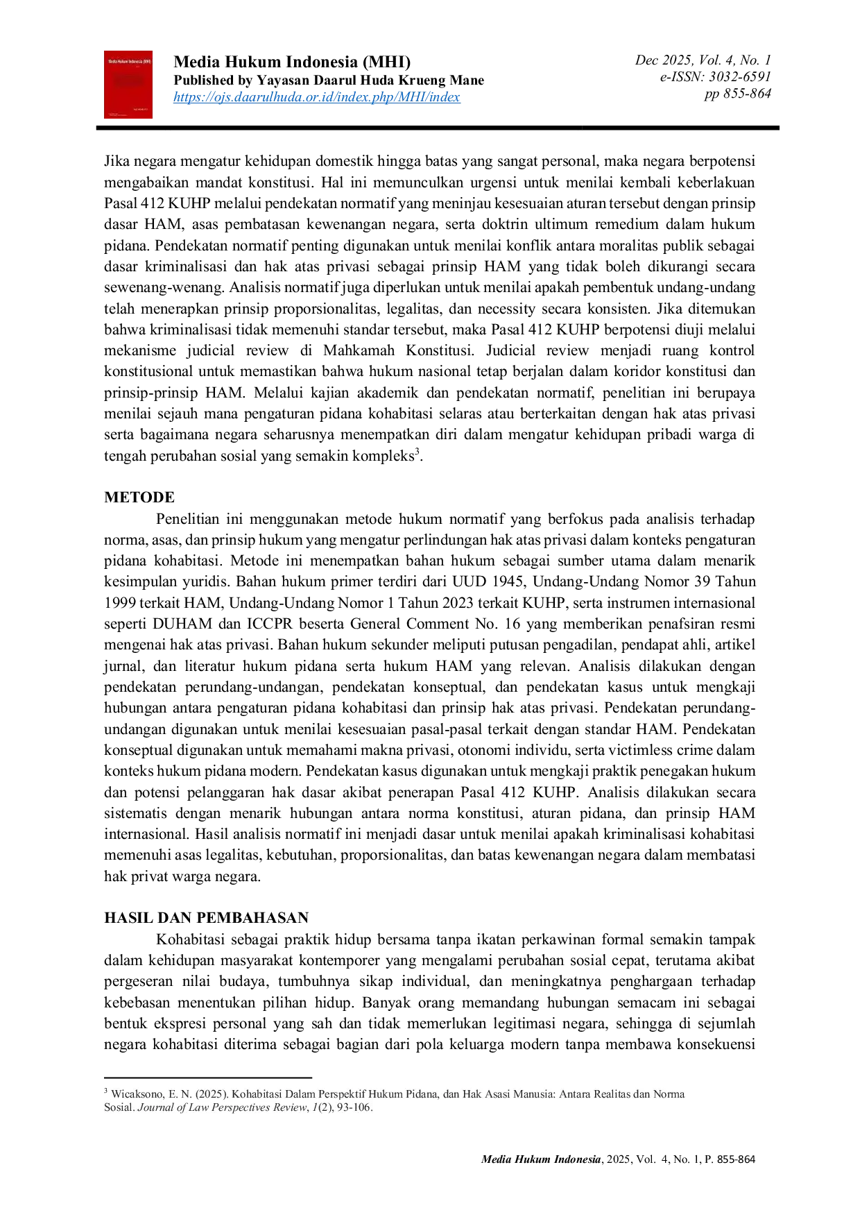 JURIS Perlindungan Hukum Kohabitasi Hak Atas Privasi Terhadap Pengaturan Pidana Berdasarkan Perspektif HAM