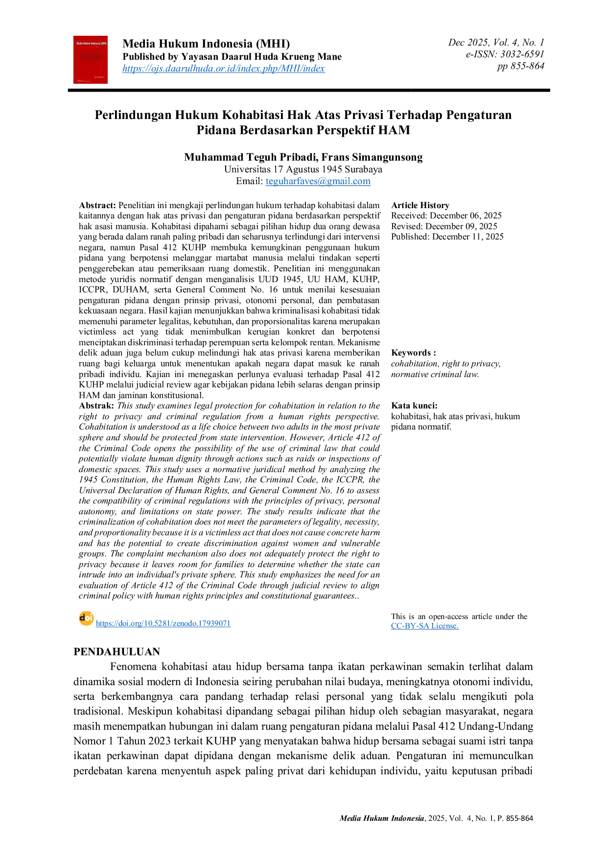 JURIS Perlindungan Hukum Kohabitasi Hak Atas Privasi Terhadap Pengaturan Pidana Berdasarkan Perspektif HAM