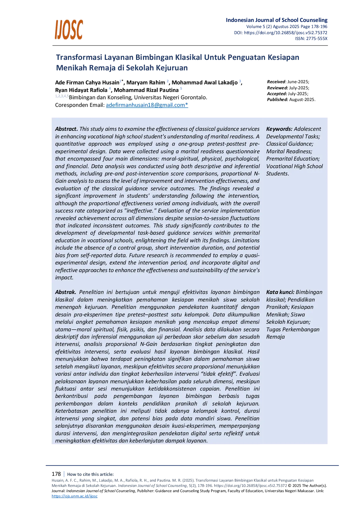 JURIS Transformasi Layanan Bimbingan Klasikal untuk Penguatan Kesiapan Menikah Remaja di Sekolah Kejuruan