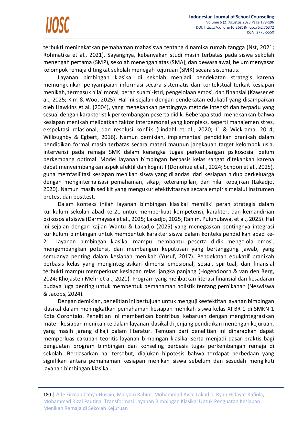 JURIS Transformasi Layanan Bimbingan Klasikal untuk Penguatan Kesiapan Menikah Remaja di Sekolah Kejuruan