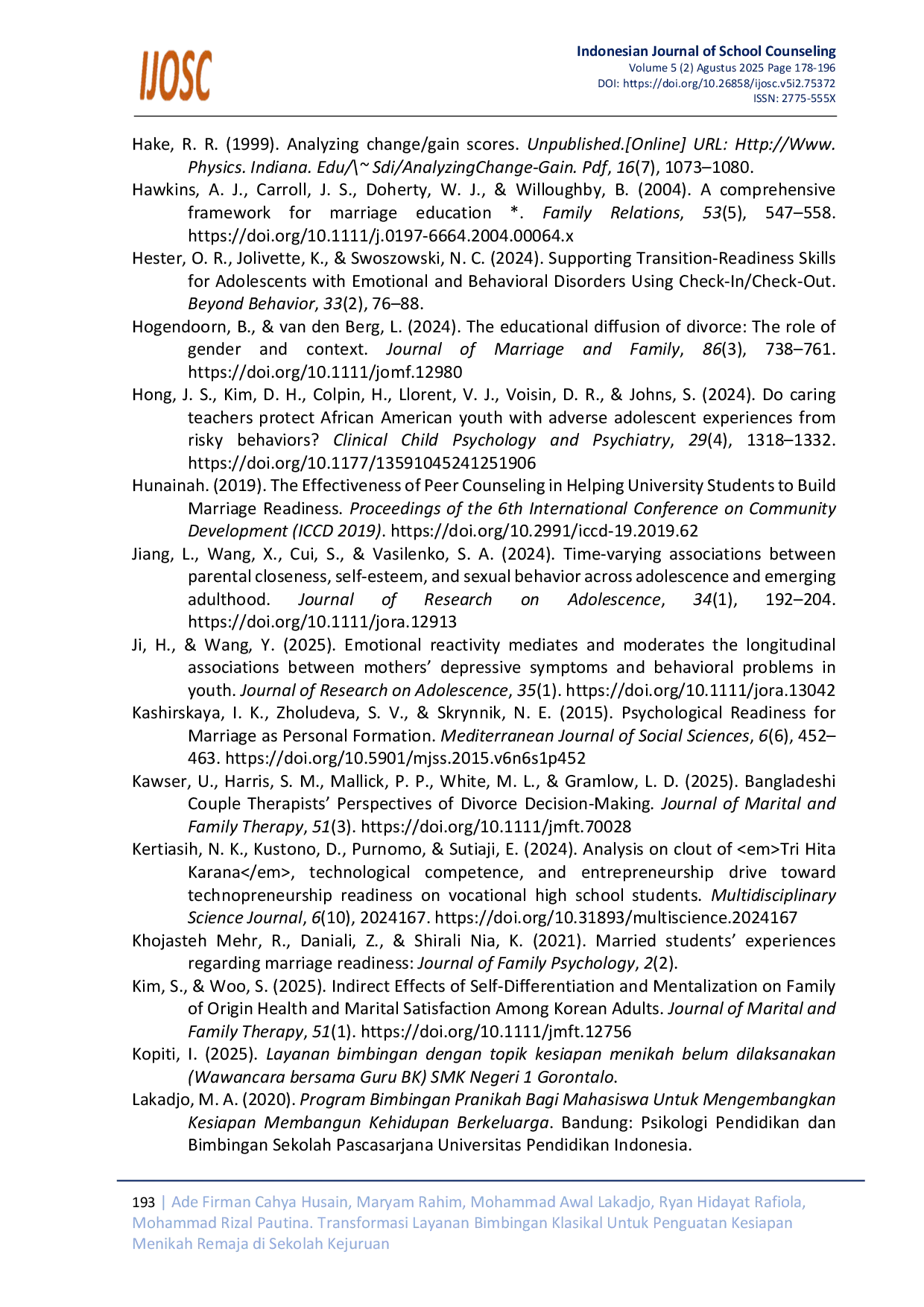 JURIS Transformasi Layanan Bimbingan Klasikal untuk Penguatan Kesiapan Menikah Remaja di Sekolah Kejuruan