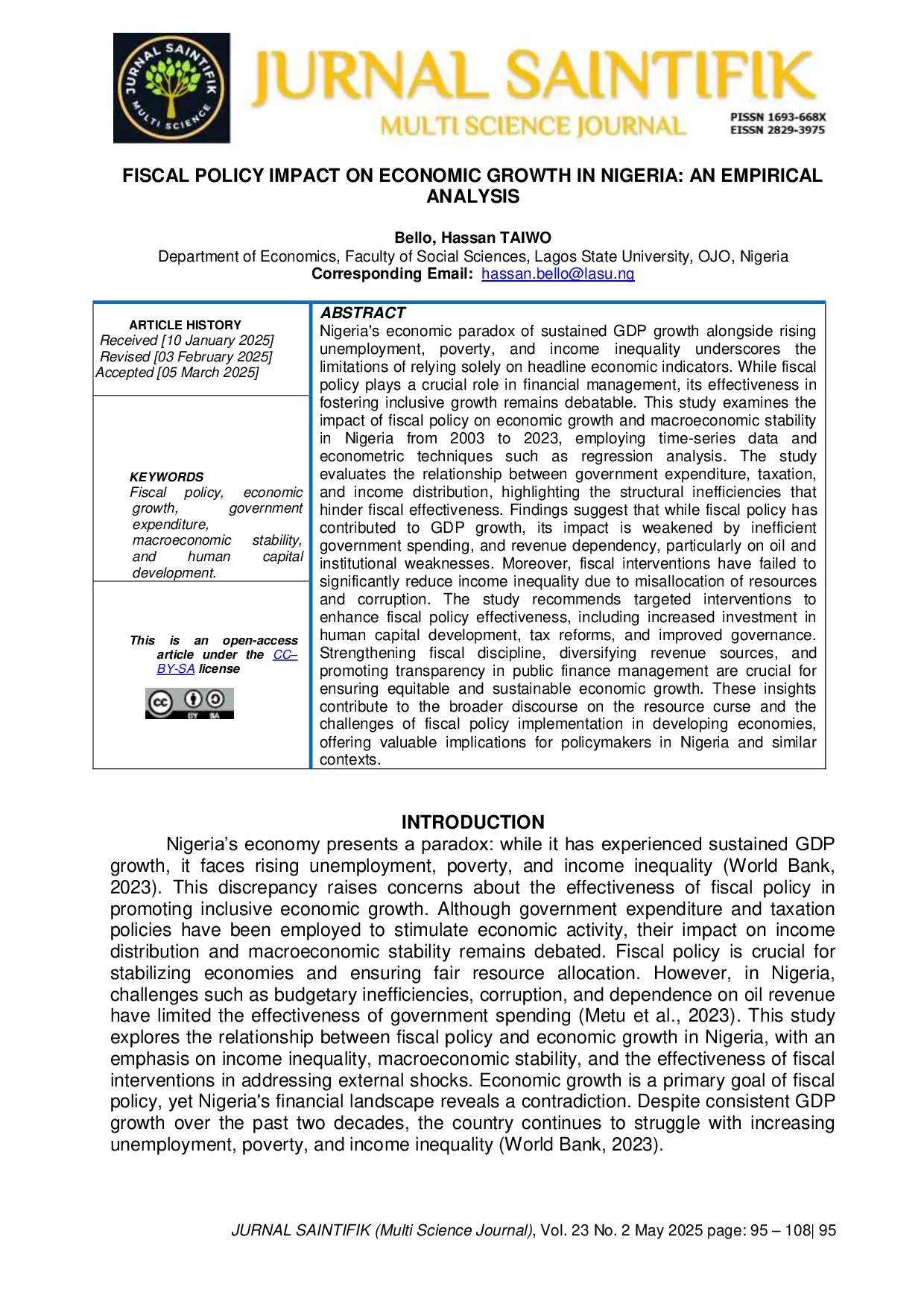JURIS Fiscal Policy Impact on Economic Growth in Nigeria An Empirical Analysis