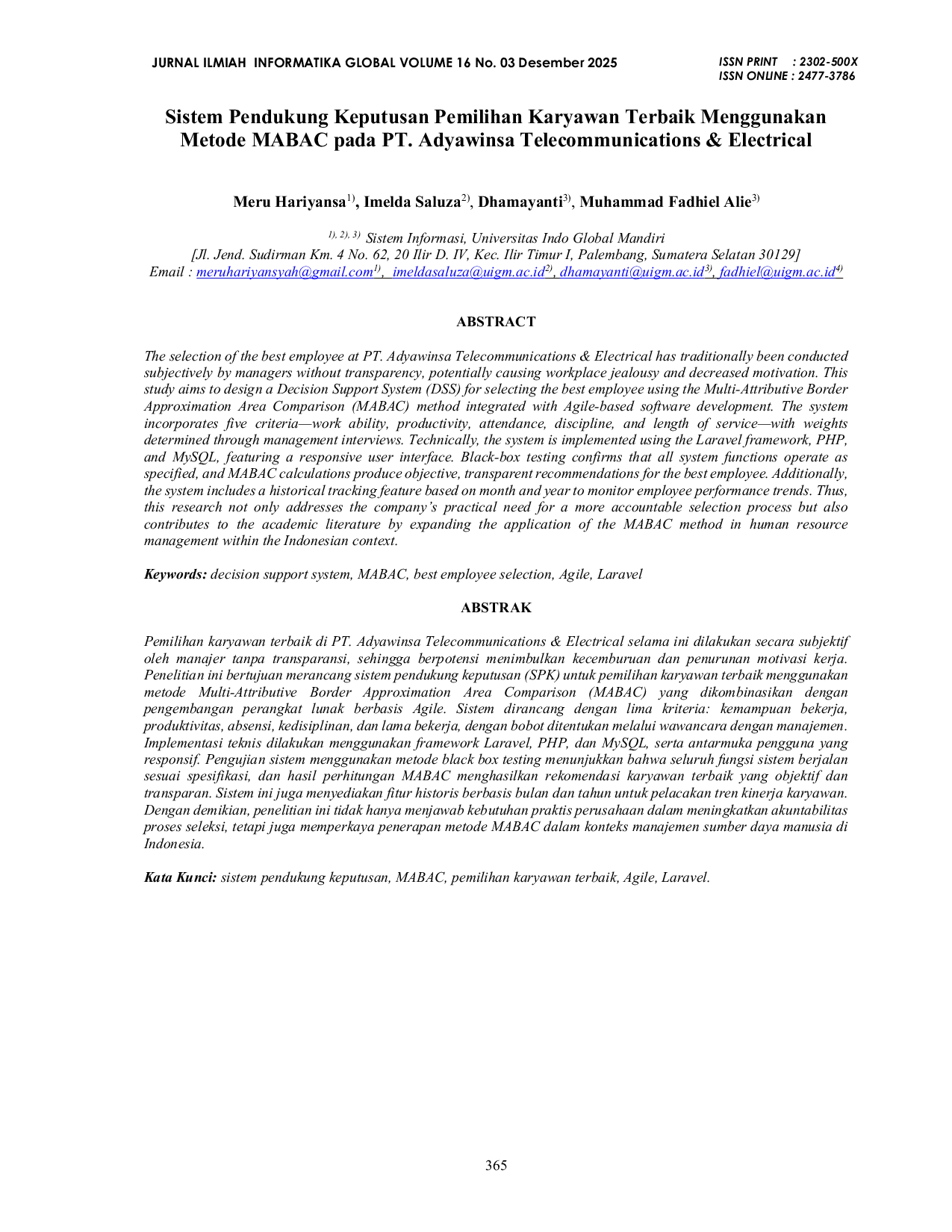 JURIS Sistem Pendukung Keputusan Pemilihan Karyawan Terbaik Menggunakan Metode MABAC pada PT Adyawinsa Telecommunications Electrical