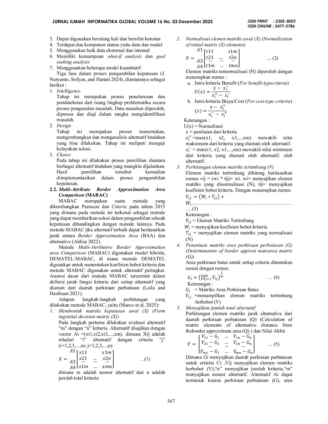 JURIS Sistem Pendukung Keputusan Pemilihan Karyawan Terbaik Menggunakan Metode MABAC pada PT Adyawinsa Telecommunications Electrical