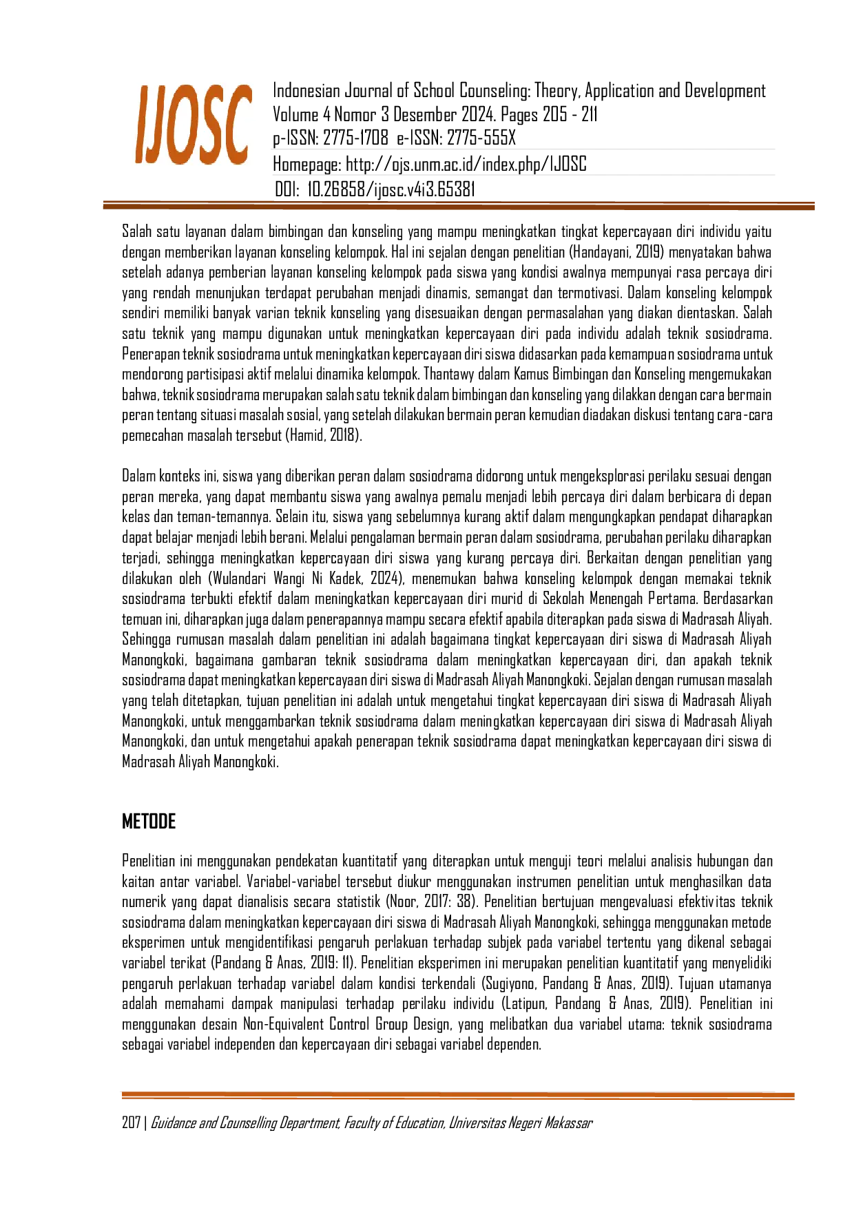 JURIS Penerapan Teknik Sosiodrama untuk Meningkatkan Kepercayaan Diri Siswa Di Madrasah Aliyah Manongkoki