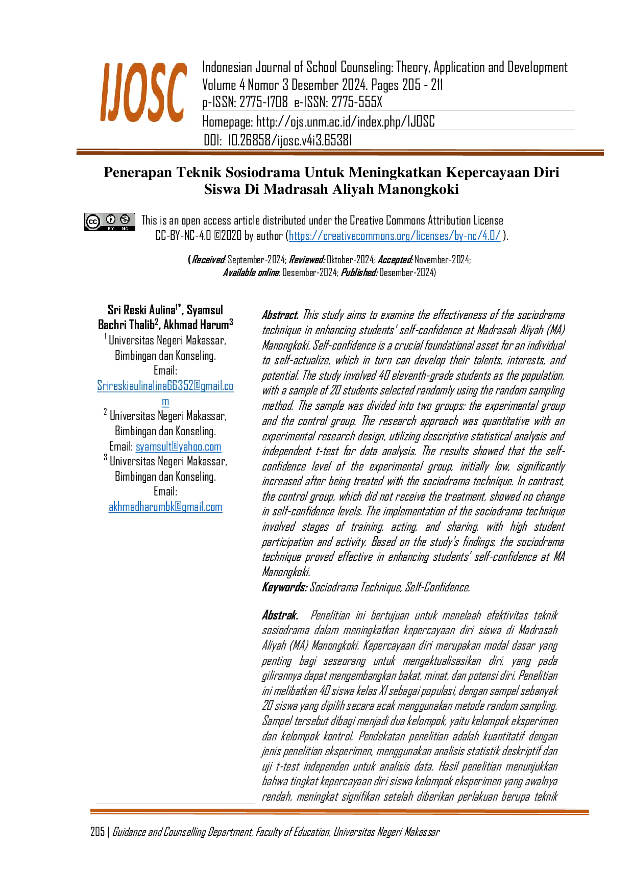 JURIS Penerapan Teknik Sosiodrama untuk Meningkatkan Kepercayaan Diri Siswa Di Madrasah Aliyah Manongkoki