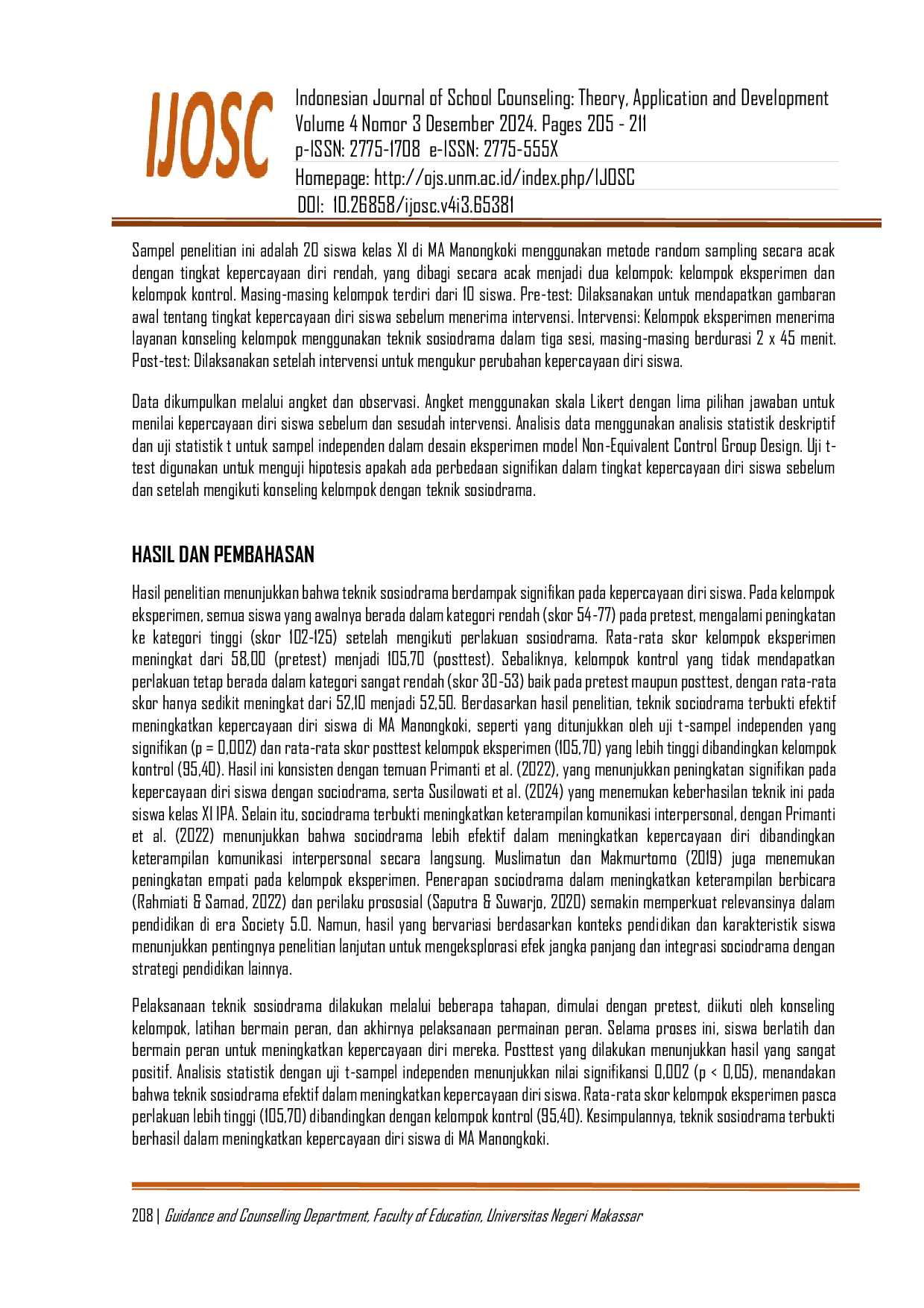 JURIS Penerapan Teknik Sosiodrama untuk Meningkatkan Kepercayaan Diri Siswa Di Madrasah Aliyah Manongkoki