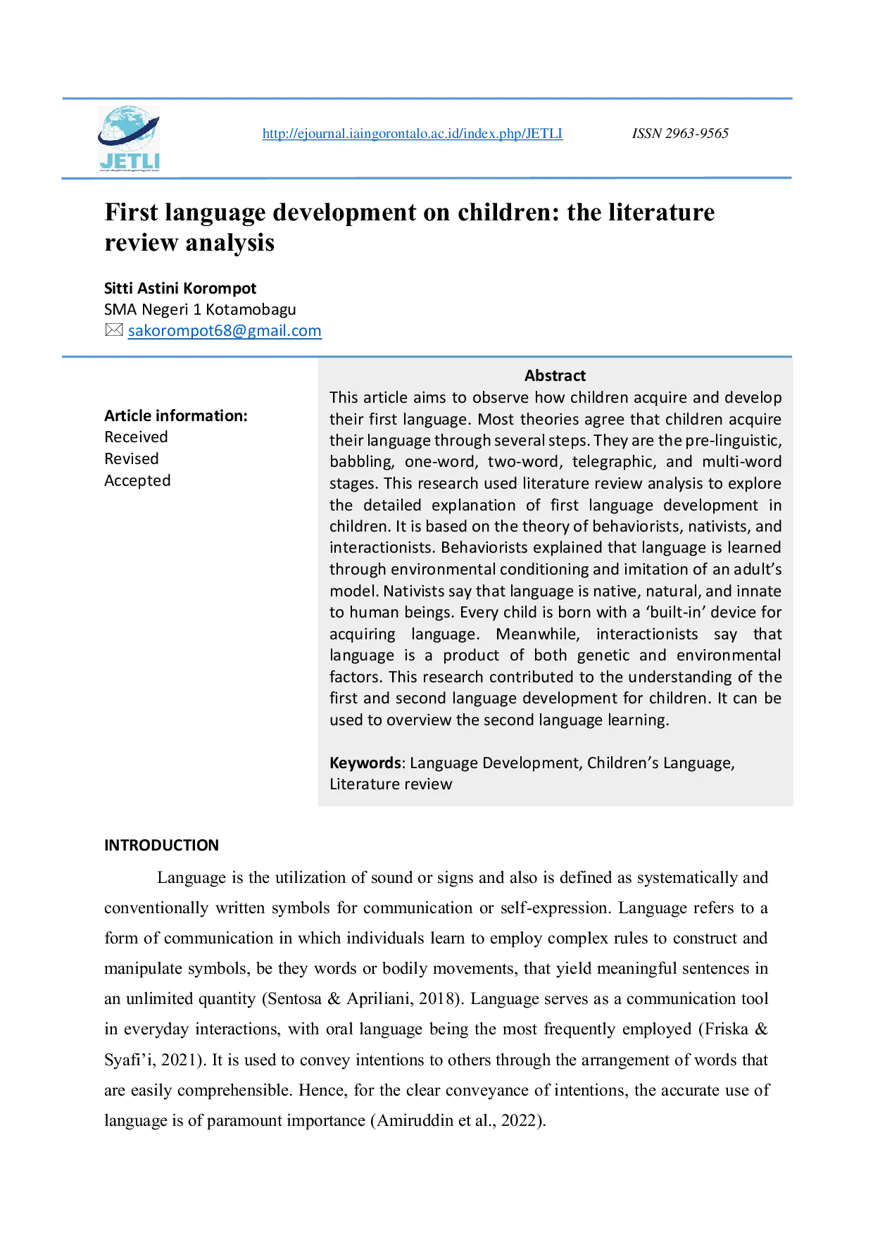 JURIS First Language Development on Children The Literature Review Analysis