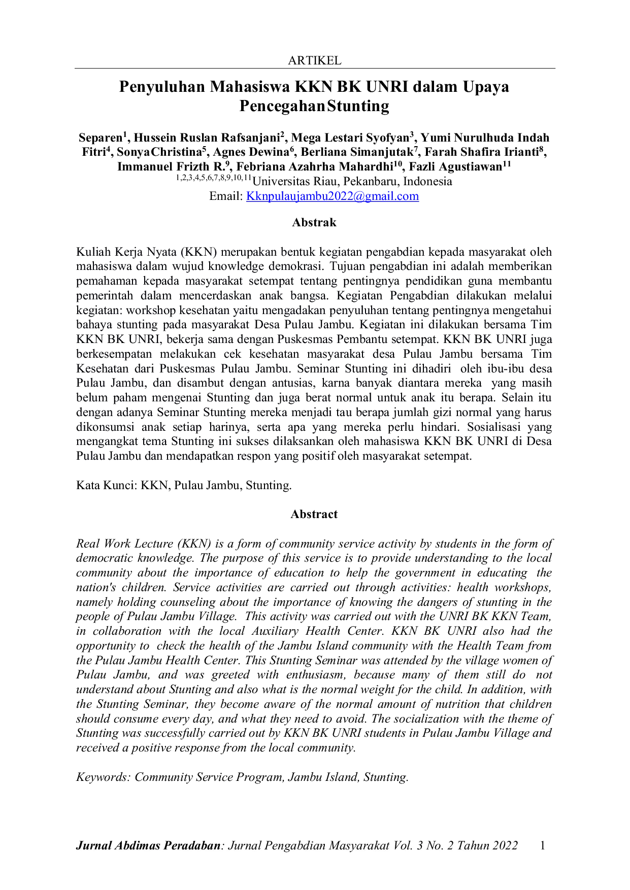 JURIS Penyuluhan Mahasiswa KKN BK UNRI dalam Upaya Pencegahan Stunting