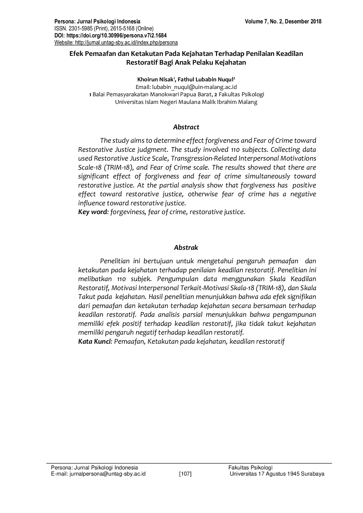 JURIS Efek Pemaafan dan Ketakutan Pada Kejahatan Terhadap Penilaian Keadilan Restoratif Bagi Anak Pelaku Kejahatan