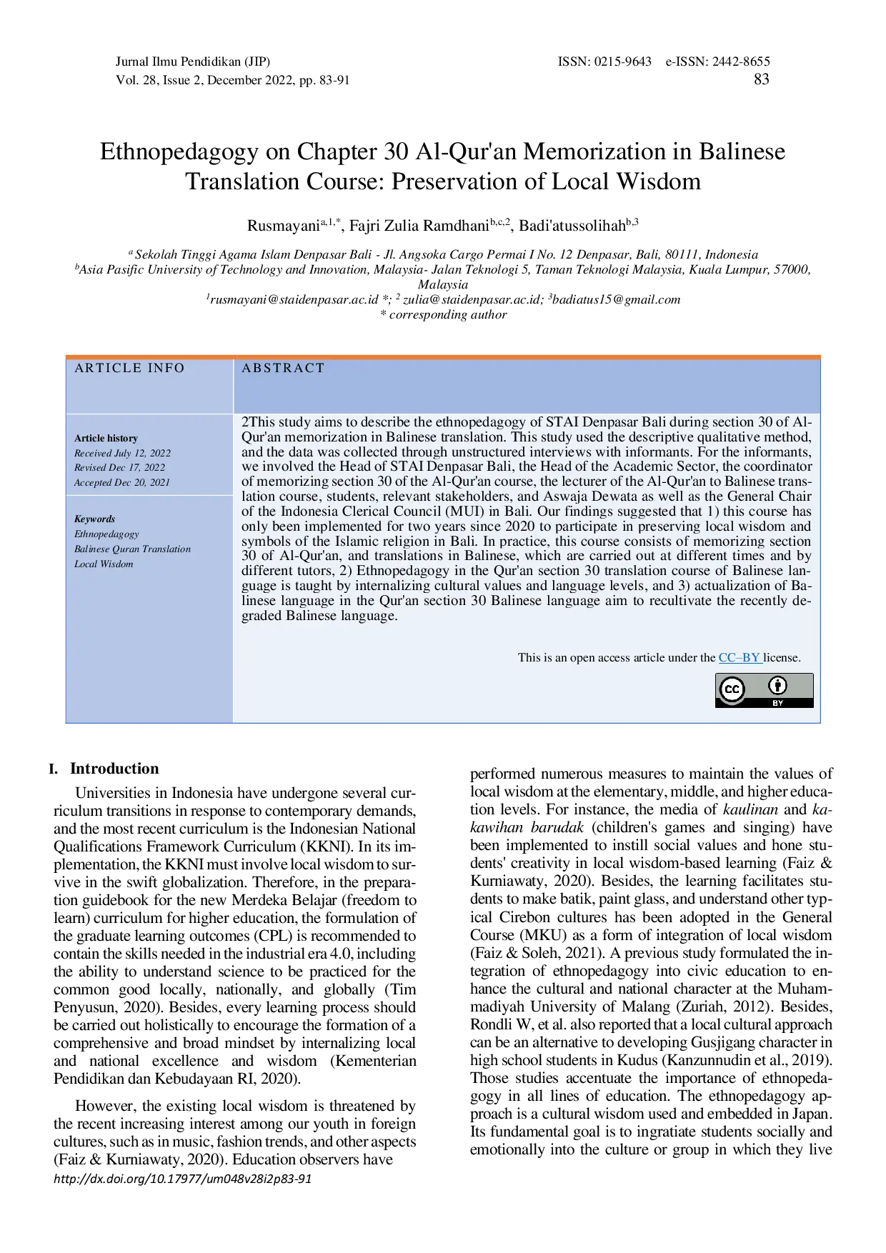 JURIS Ethnopedagogy of STAI Denpasar Bali in Juz 30 Memorizing Course Balinese Language Translation Actualization of Local Wisdom Values