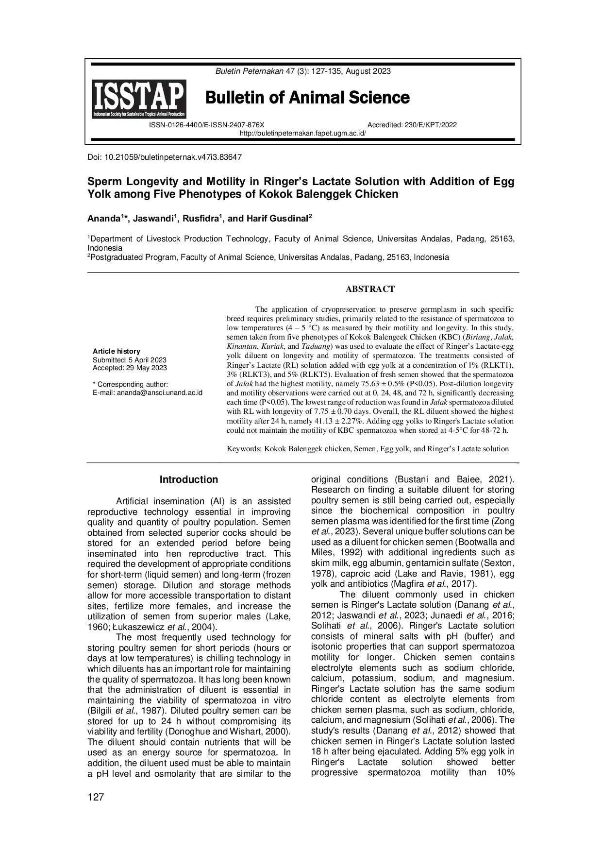 JURIS Sperm Longevity and Motility in Ringer s Lactate Solution with Addition of Egg Yolk among Five Phenotypes of Kokok Balenggek Chicken