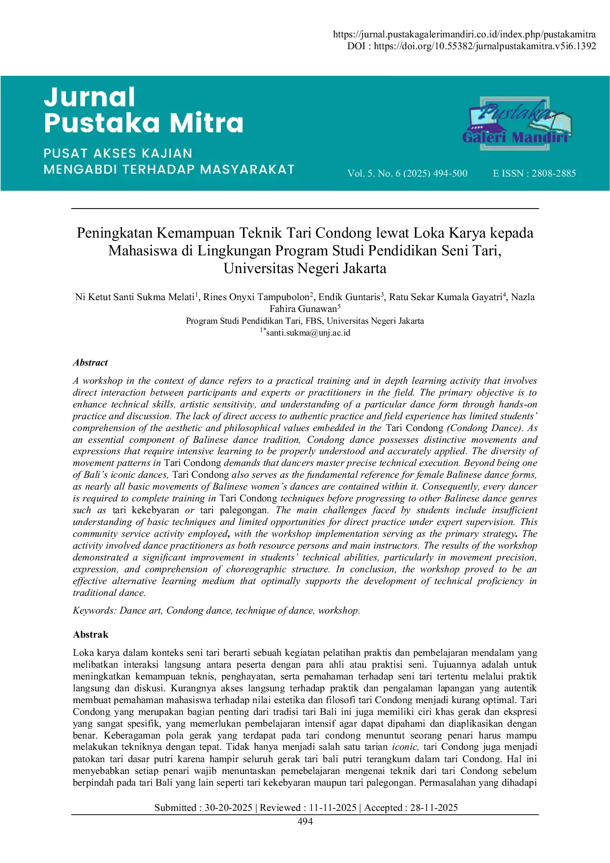 JURIS Peningkatan Kemampuan Teknik Tari Condong lewat Loka Karya kepada Mahasiswa di Lingkungan Program Studi Pendidikan Seni Tari Universitas Negeri Jakarta