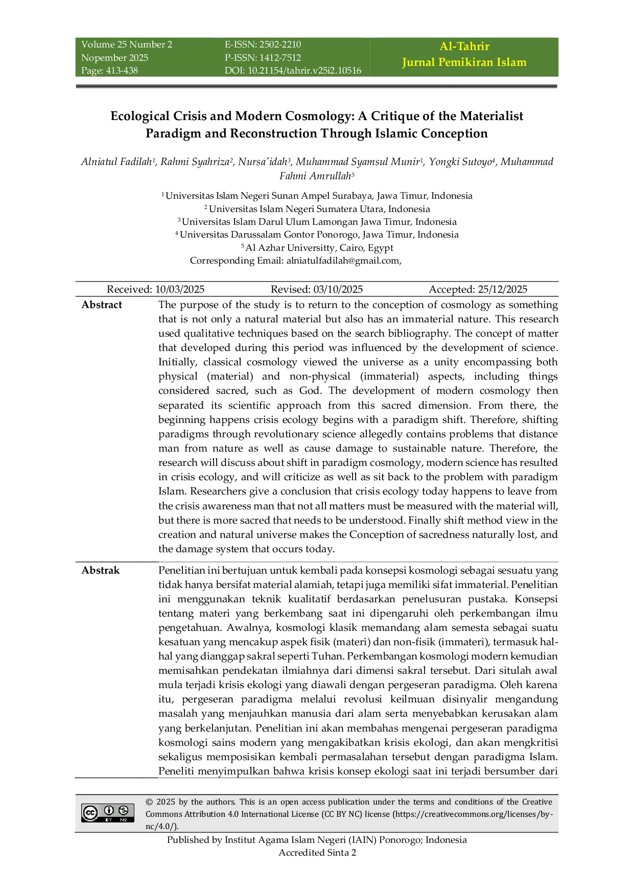 JURIS Ecological Crisis and Modern Cosmology A Critique of the Materialist Paradigm and Reconstruction Through Islamic Conception