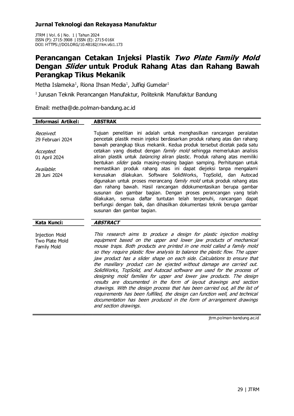 JURIS Perancangan Cetakan Injeksi Plastik Two Plate Family Mold Dengan Slider untuk Produk Rahang Atas dan Rahang Bawah Perangkap Tikus Mekanik