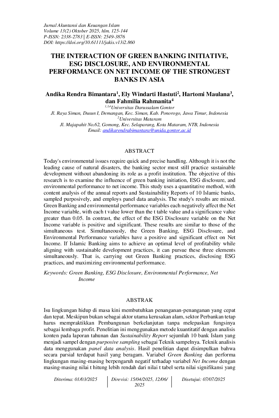 JURIS The Interaction of Green Banking Initiative ESG Disclosure and Environmental Performance on Net Income of the Strongest Banks in Asia