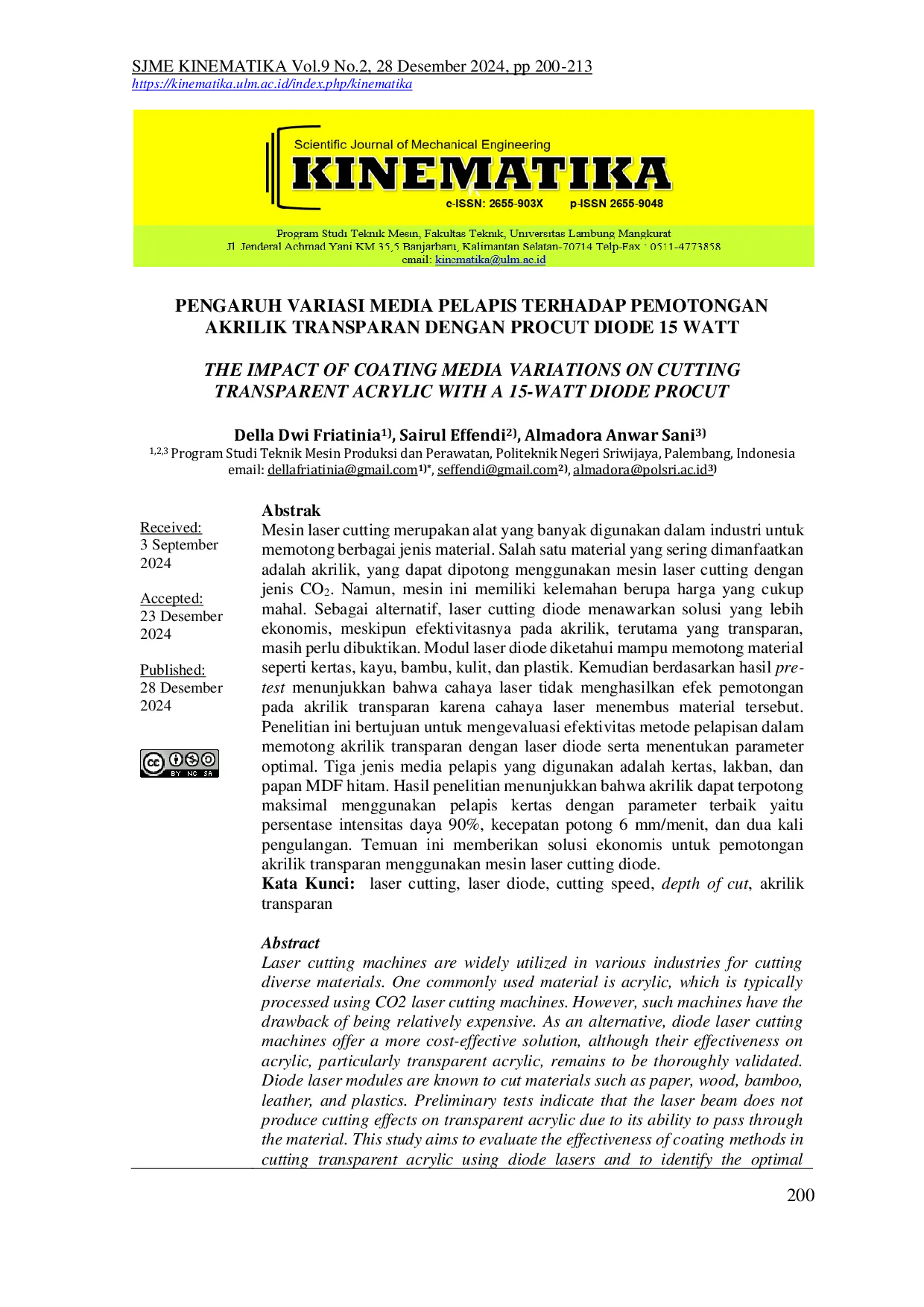 JURIS PENGARUH VARIASI MEDIA PELAPIS TERHADAP PEMOTONGAN AKRILIK TRANSPARAN DENGAN PROCUT DIODE 15 WATT