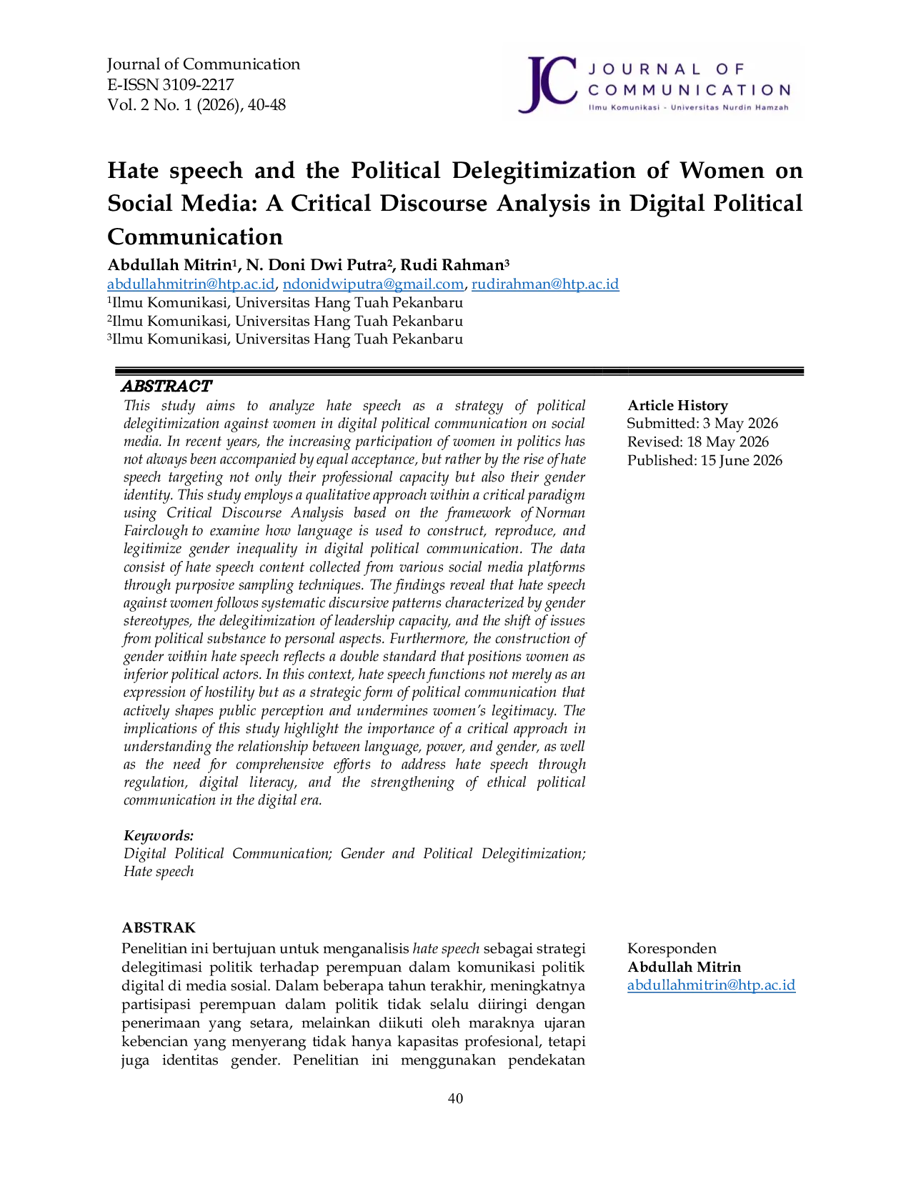 JURIS Hate speech and the Political Delegitimization of Women on Social Media A Critical Discourse Analysis in Digital Political Communication
