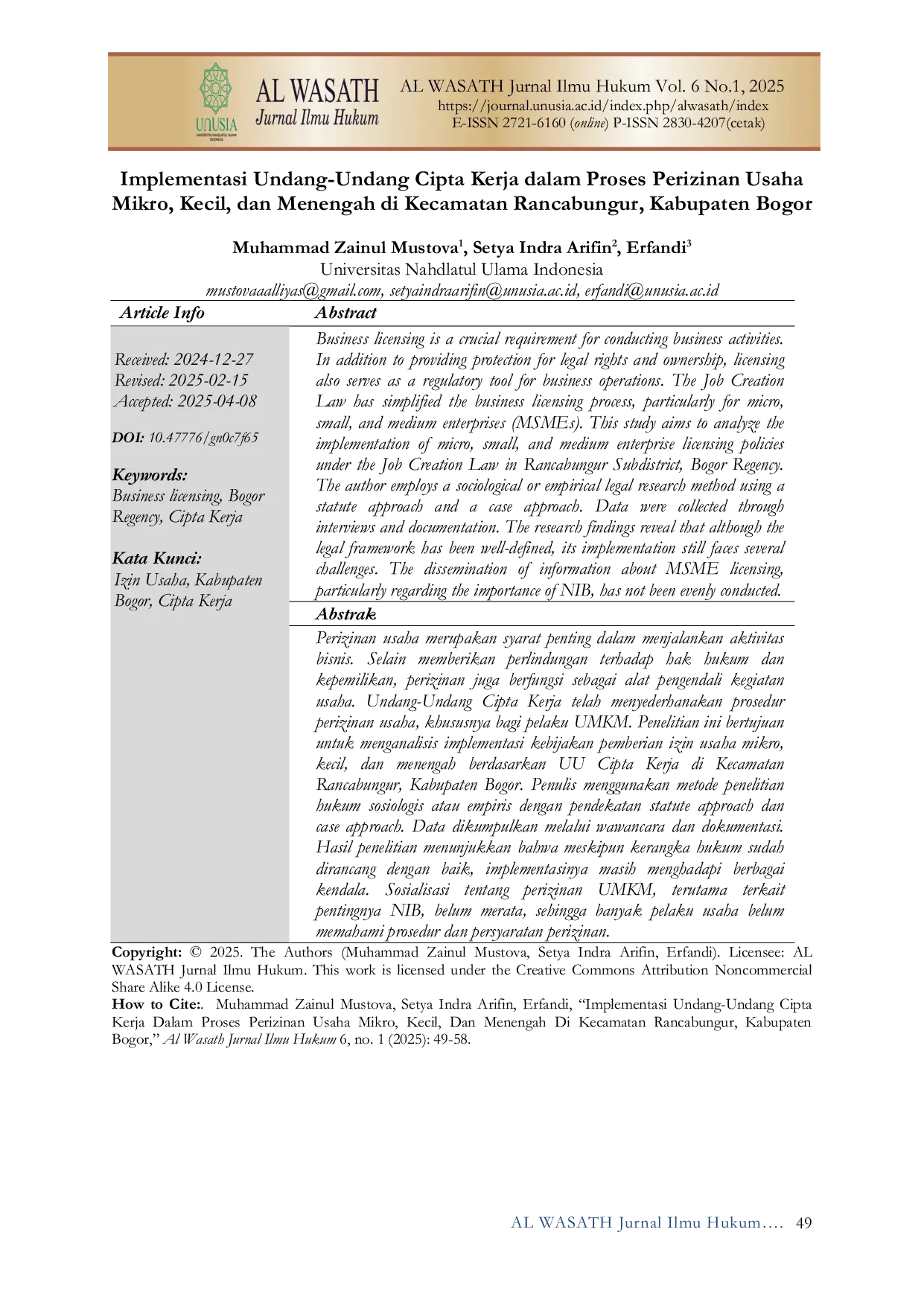 JURIS Implementasi Undang Undang Cipta Kerja dalam Proses Perizinan Usaha Mikro Kecil dan Menengah di Kecamatan Rancabungur Kabupaten Bogor