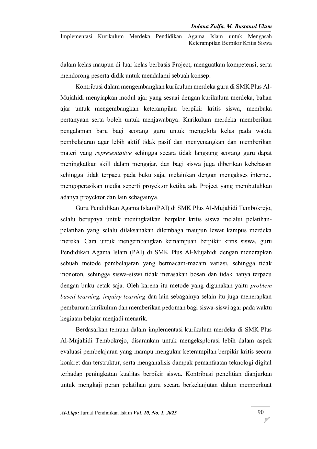 JURIS Implementasi kurikulum merdeka pendidikan agama Islam untuk mengasah keterampilan berpikir kritis siswa