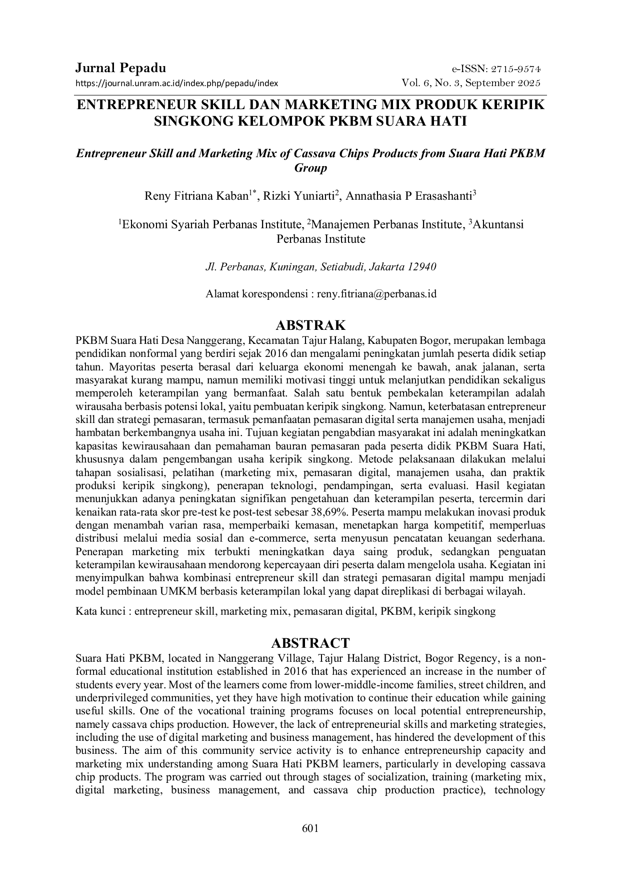 JURIS Entrepreneur Skill Dan Marketing Mix Produk Keripik Singkong Kelompok Pkbm Suara Hati