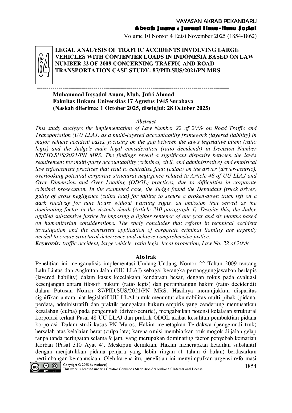 JURIS Legal Analysis of Traffic Accidents Involving Large Vehicles with Content Loads in Indonesia Based on Law Number 22 of 2009