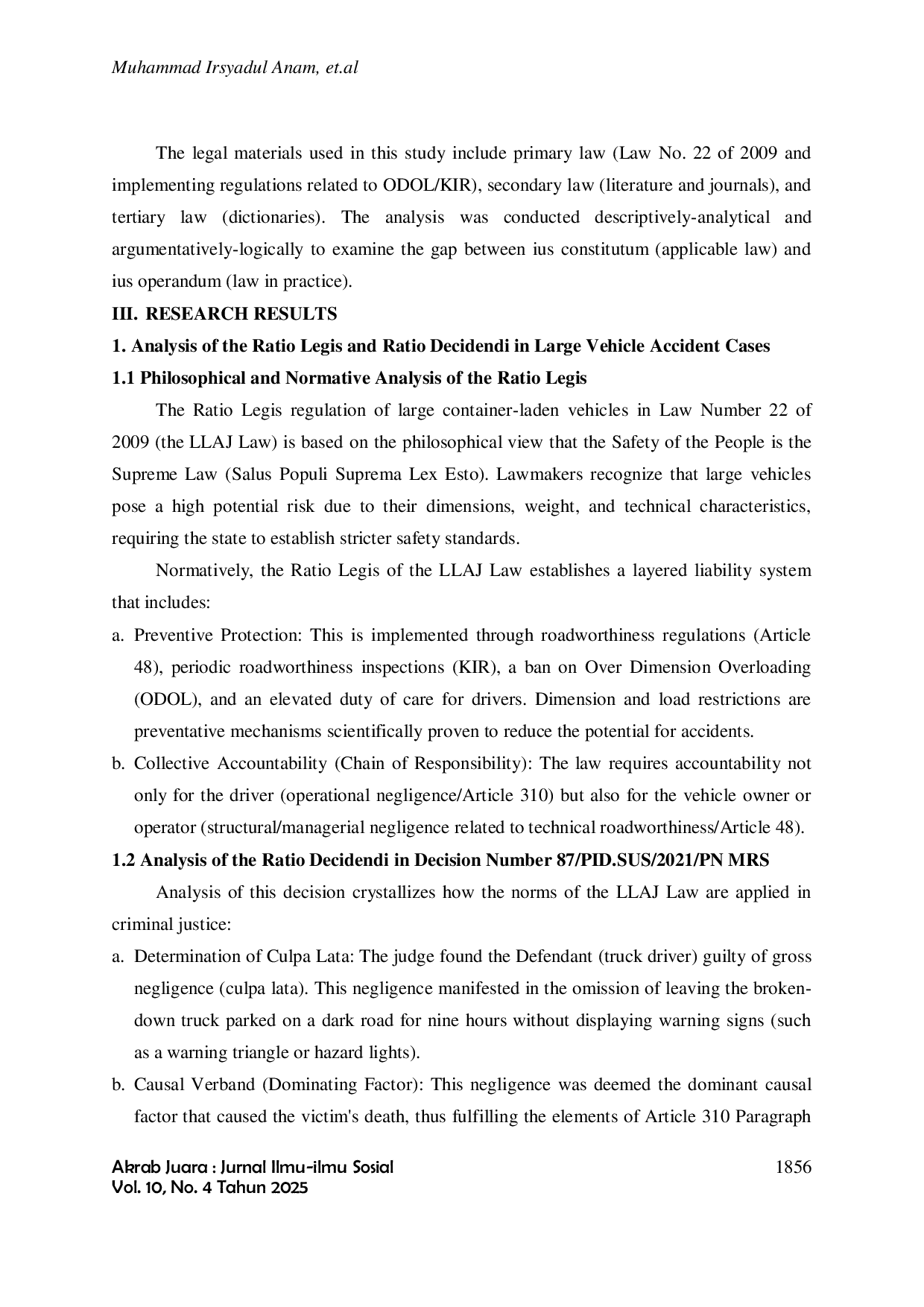 JURIS Legal Analysis of Traffic Accidents Involving Large Vehicles with Content Loads in Indonesia Based on Law Number 22 of 2009