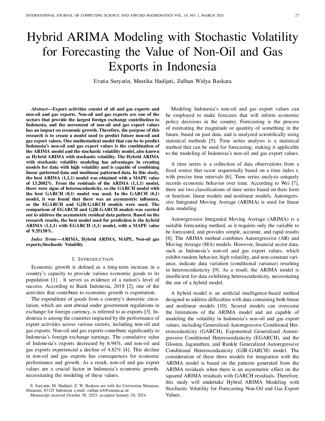 JURIS Hybrid ARIMA Modeling with Stochastic Volatility for Forecasting the Value of Non Oil and Gas Exports in Indonesia