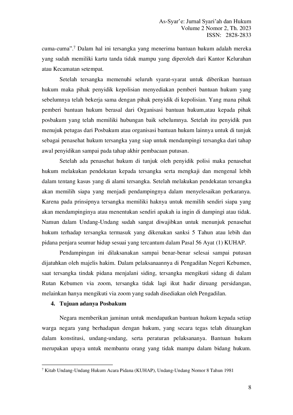 JURIS Peranan Pos Bantuan Hukum Posbakum Pengadilan Negeri Kebumen Kelas I B Dalam Pendampingan Penyelesaian Perkara Pidana