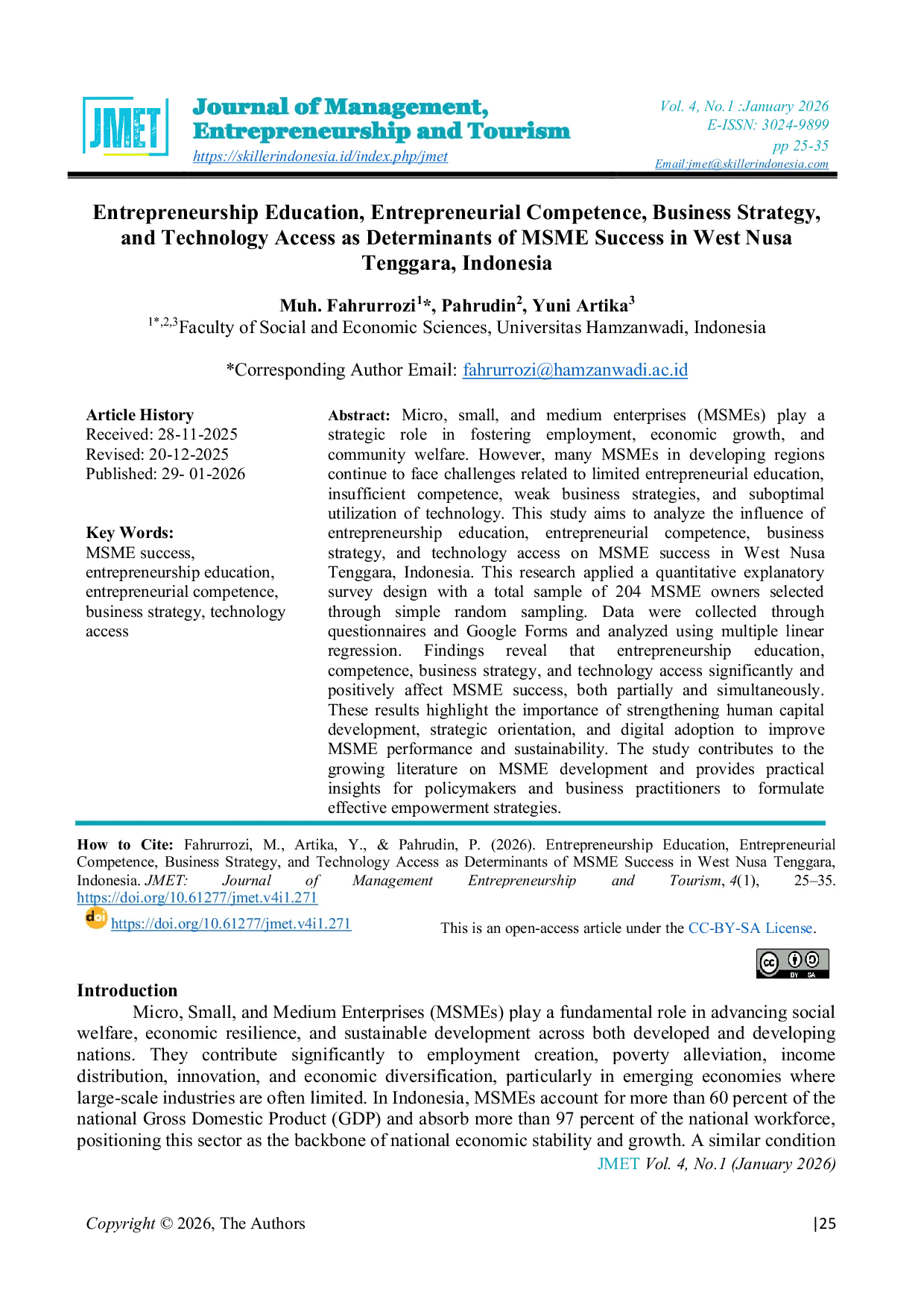 JURIS Entrepreneurship Education Entrepreneurial Competence Business Strategy and Technology Access as Determinants of MSME Success in West Nusa Tenggara Indonesia